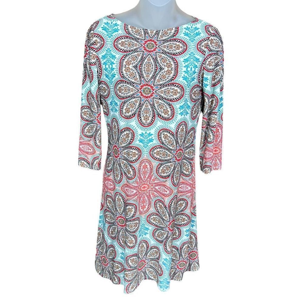 London Times Dress Tunic Aqua Orange Paisley Floral 3 Quarter Sleeves Size 4